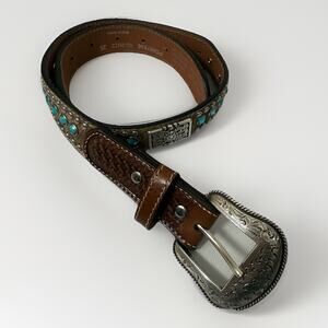 Nocona Women's Brown Western Belt Leather Rhinestone Horse Hair Studded Bling 26